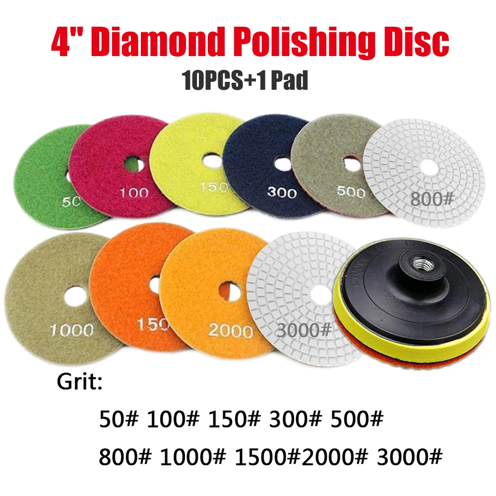 10pcs Diamond Polishing Discs+Pad 50# 100# 150# 300# 500# 800#100#1500# 2000# 3000# Marble Polishing Use Grinding Discs Set