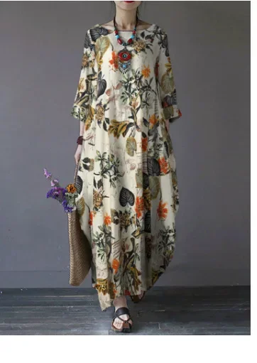 

Amazon 2025 new cotton and linen printed O-neck side pocket seven-quarter sleeve dress factory direct sales