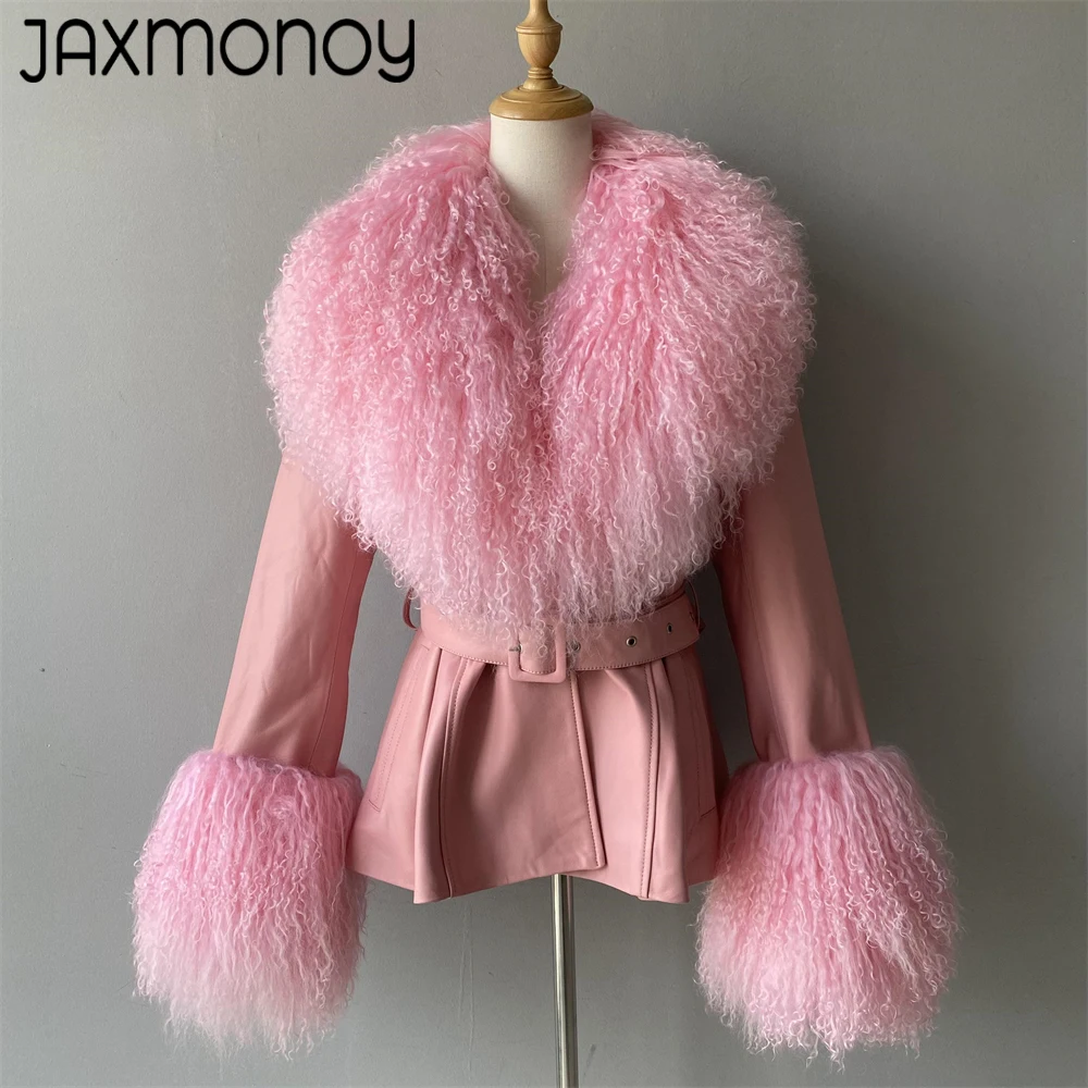 Jaxmonoy jaqueta feminina de couro genuíno com pele mongol real, casacos de pele de carneiro da moda para primavera e outono, casaco de couro real novo