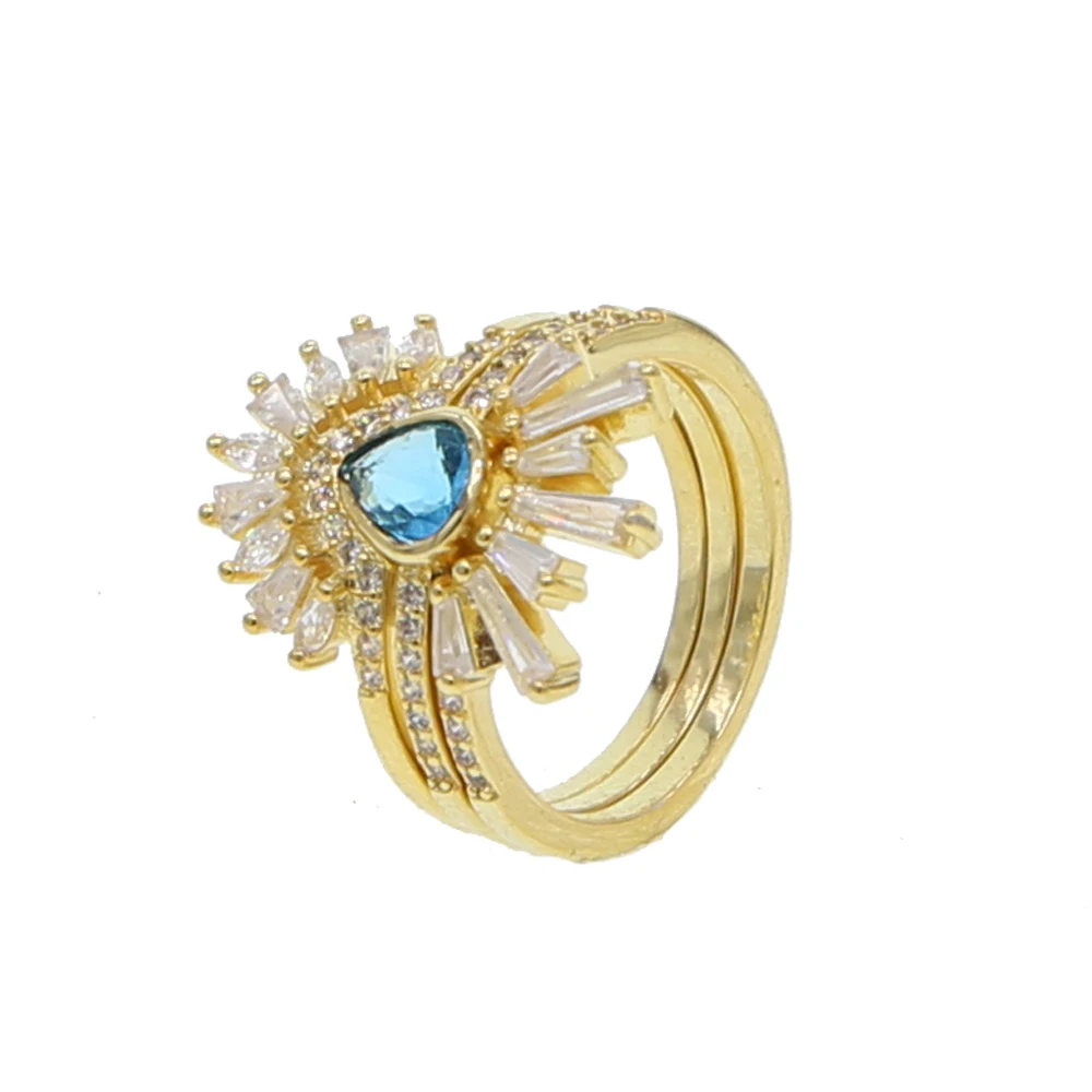 Elegant Women Jewelry Ring Set Of 3 Pcs Blue Coffee Color Geometry Cz Tear Drop Delicate Women Ladies Trendy Geometric Cute Ring