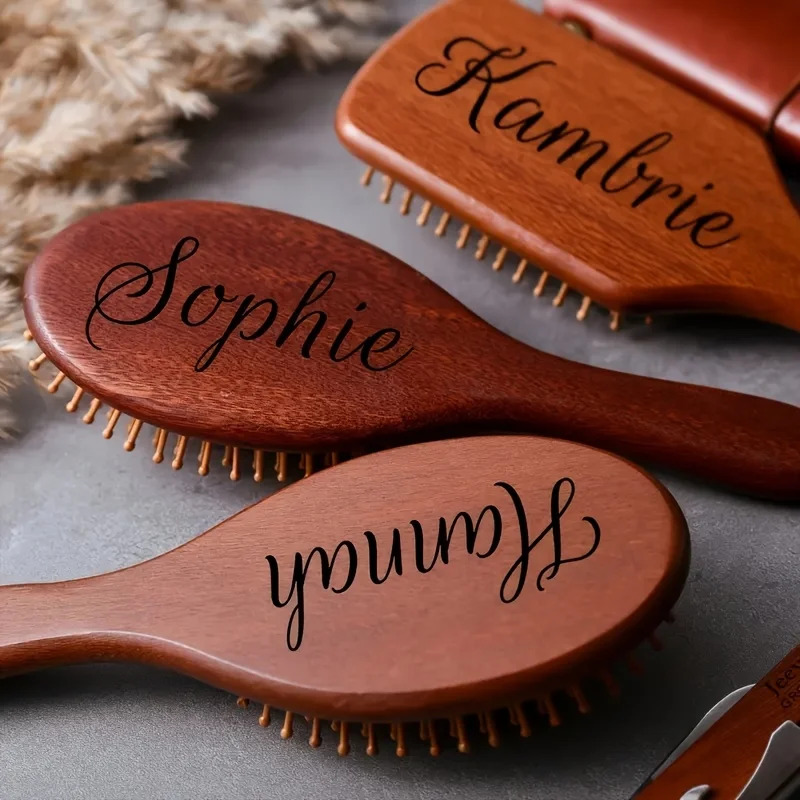 Engraved Name Sandalwood Hair Comb - Medium Bristle, Anti-Static, Massage Dry Hair Care, Elegant Personalized Gift for Women