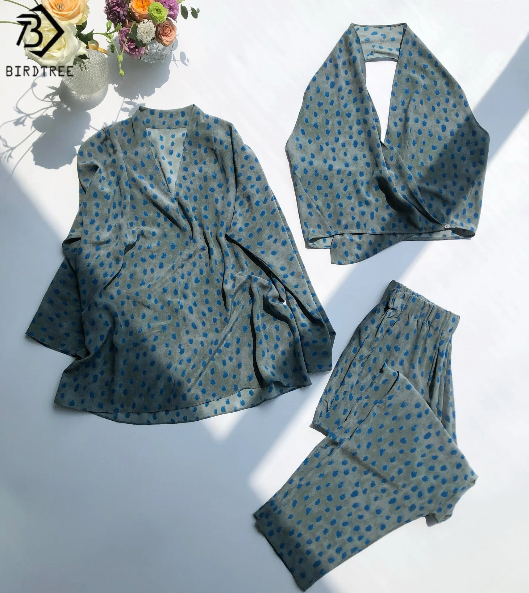 

Birdtree женские топы из 100% тутового шелка 17 мм, брюки, юбка, двойной креп в горошек, юбка с запахом, шаровары, топ с подвесным воротником T58818JF