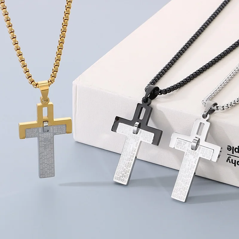 New Personality Two-color Stitching Cross Necklace Men Stainless Steel English Bible Verse Pendant Collar Hombre