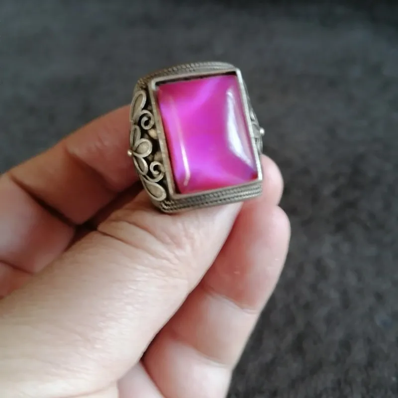 Antique Vintage Retro Silver Color-Changing Square Gemstone, Adjustable Ring With Aged Patina