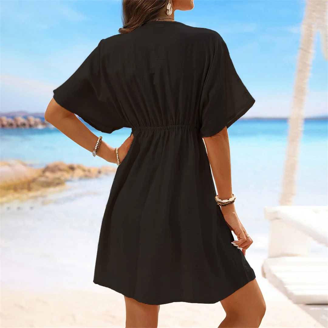 Neues 4-Farben-Strandkleid mit V-Ausschnitt, Spitze und kurzen Ärmeln, Strandmode, Strandkleid, Strandüberwurf, Damen V5638 – Detail 15