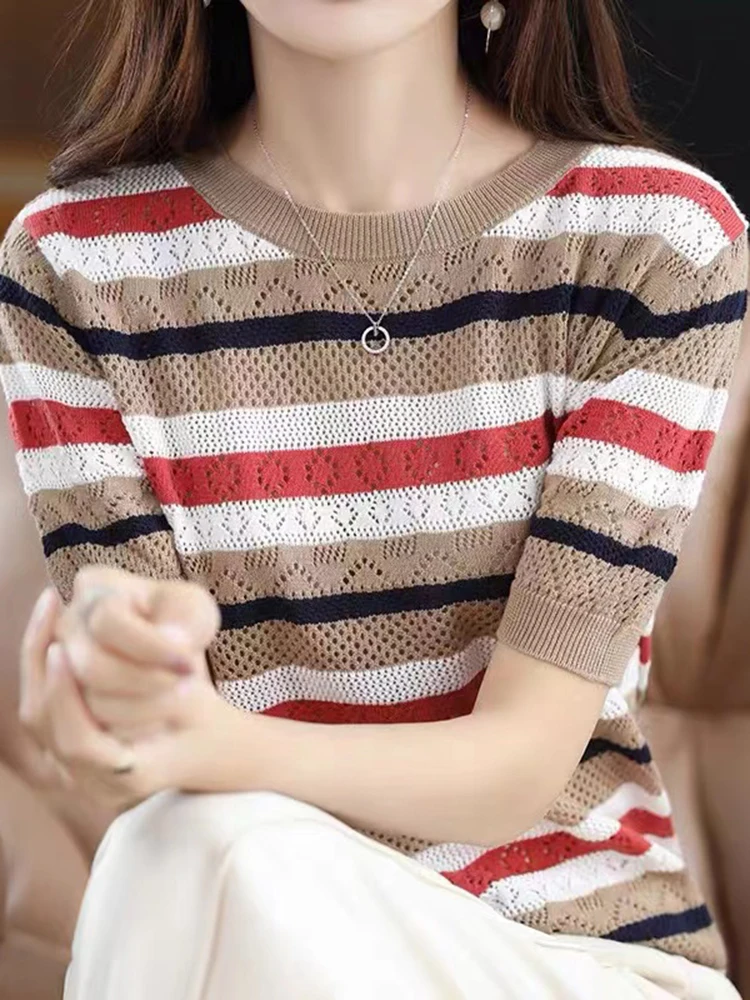 

2023 Summer Hollow Out Knitted Tops Women Striped Short Sleeve Tshirts Woman O Neck Pullover T Shirt Female Tee Shirt Femmme