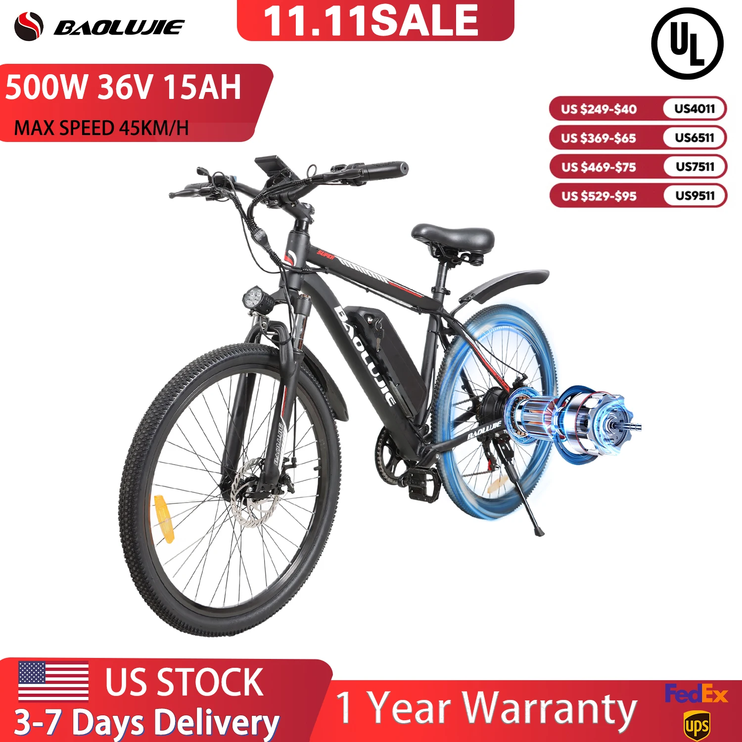 

【1 Year Warranty】BAOLUJIE S1 Electric Bike for Adults 1000W 36V 15AH E bike Removable Battery Mountain Electric Bicycle UL 2849
