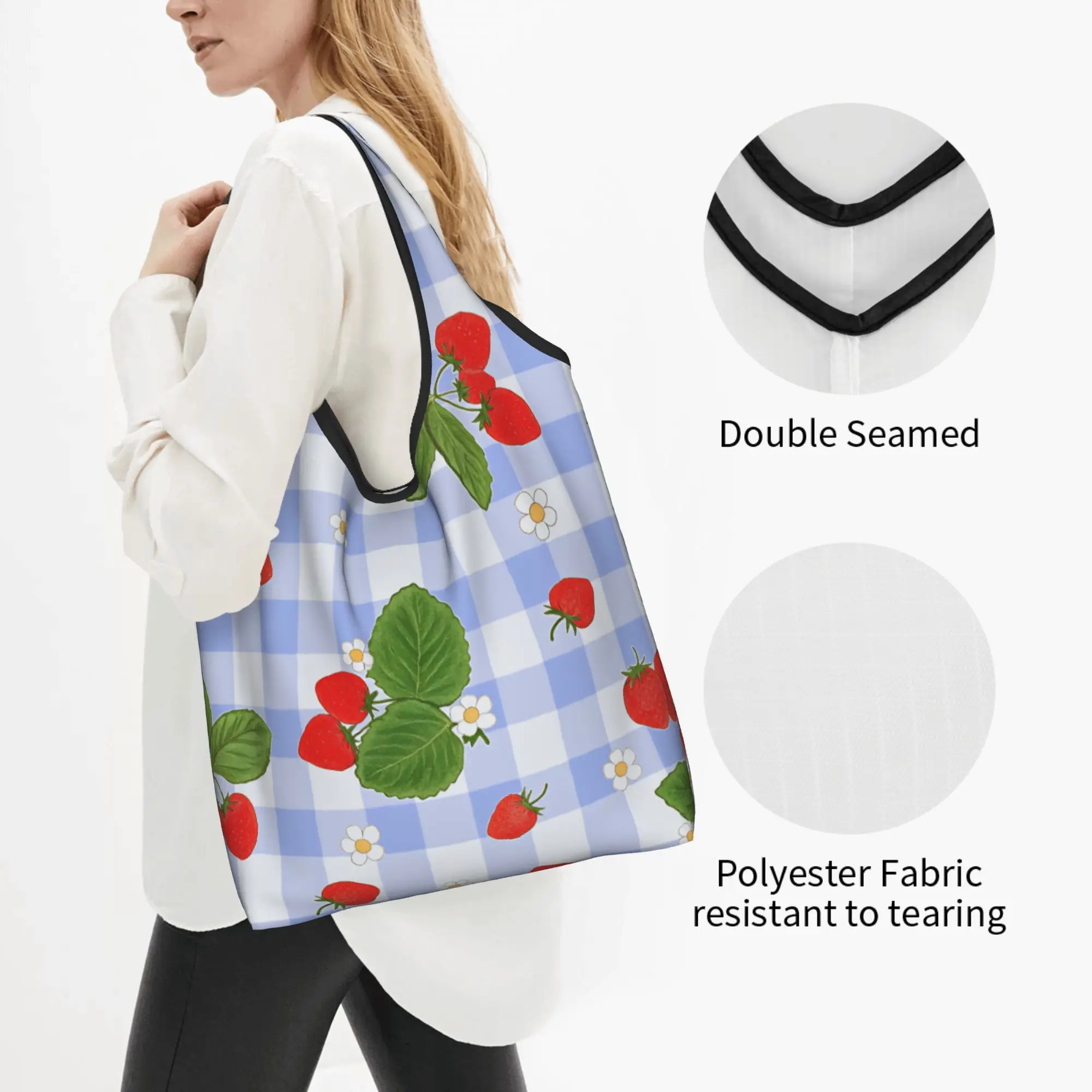 Cute Strawberries on Light Blue Check  Shopping Tote Bag Portable  Grocery Shoulder Shopper Bag