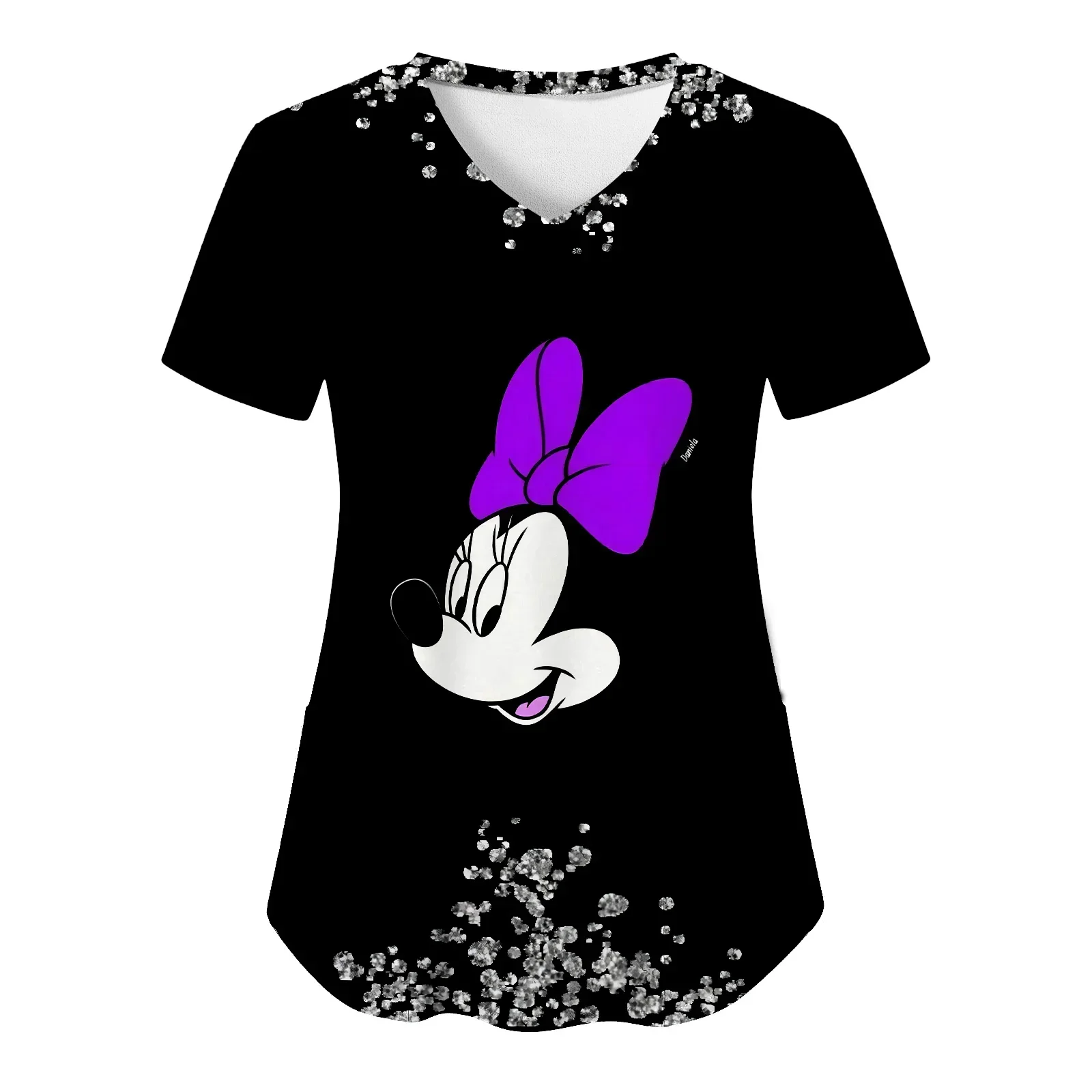 Miniso 2024 Pocket Woman Clothes Hospital Summer Tops Disney Tees Minnie Mouse T-shirts V Neck Nurse Uniform T-shirt Mickey Top