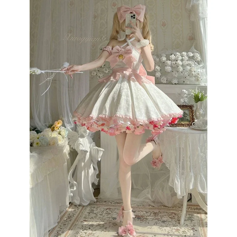 2023 Bloem Trouwjurk Zomer Meisje Gevoel Lolita Roze Strik Jurk Vrouwen Opknoping Hals Band Jacquard Lolita Jurk