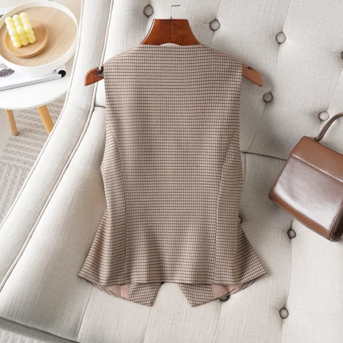 Imagen 2 del producto Chaleco corto a cuadros con cuello en V y una botonadura para mujer en primavera y otoño, moderno y adelgazante para el interior del lugar de trabajo a