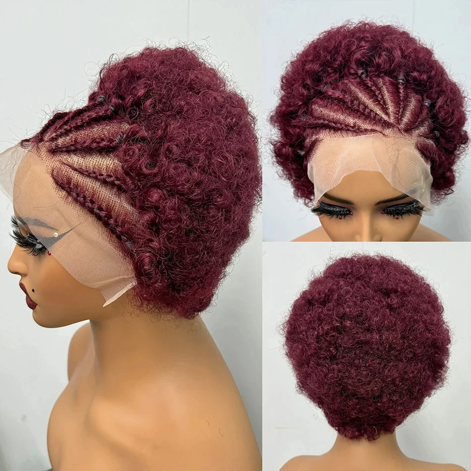 

99J Burgundy Color210% Density 13x4 Transparent Lace Afro Kinky Curly Human Hair Wigs with Braids Bouncy Curly Bob Wig for Women