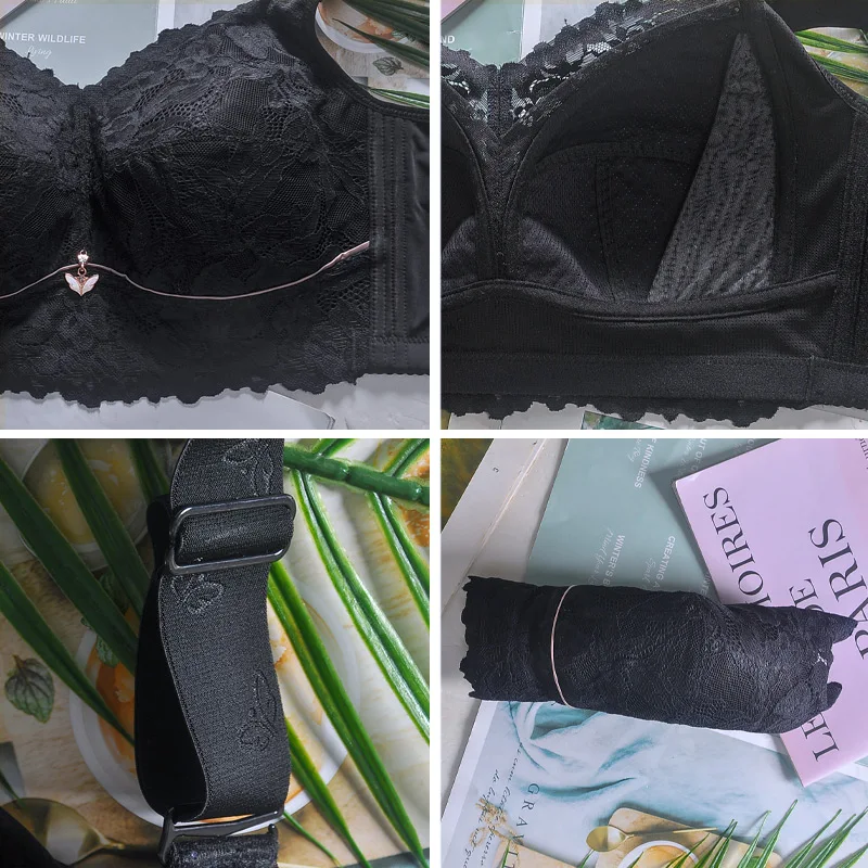 Underwear Female Thin Section Fat Girl Anti-sagging  Push Ups No Steel Ring Large Size Lace  Big Breasts Show Small Bra