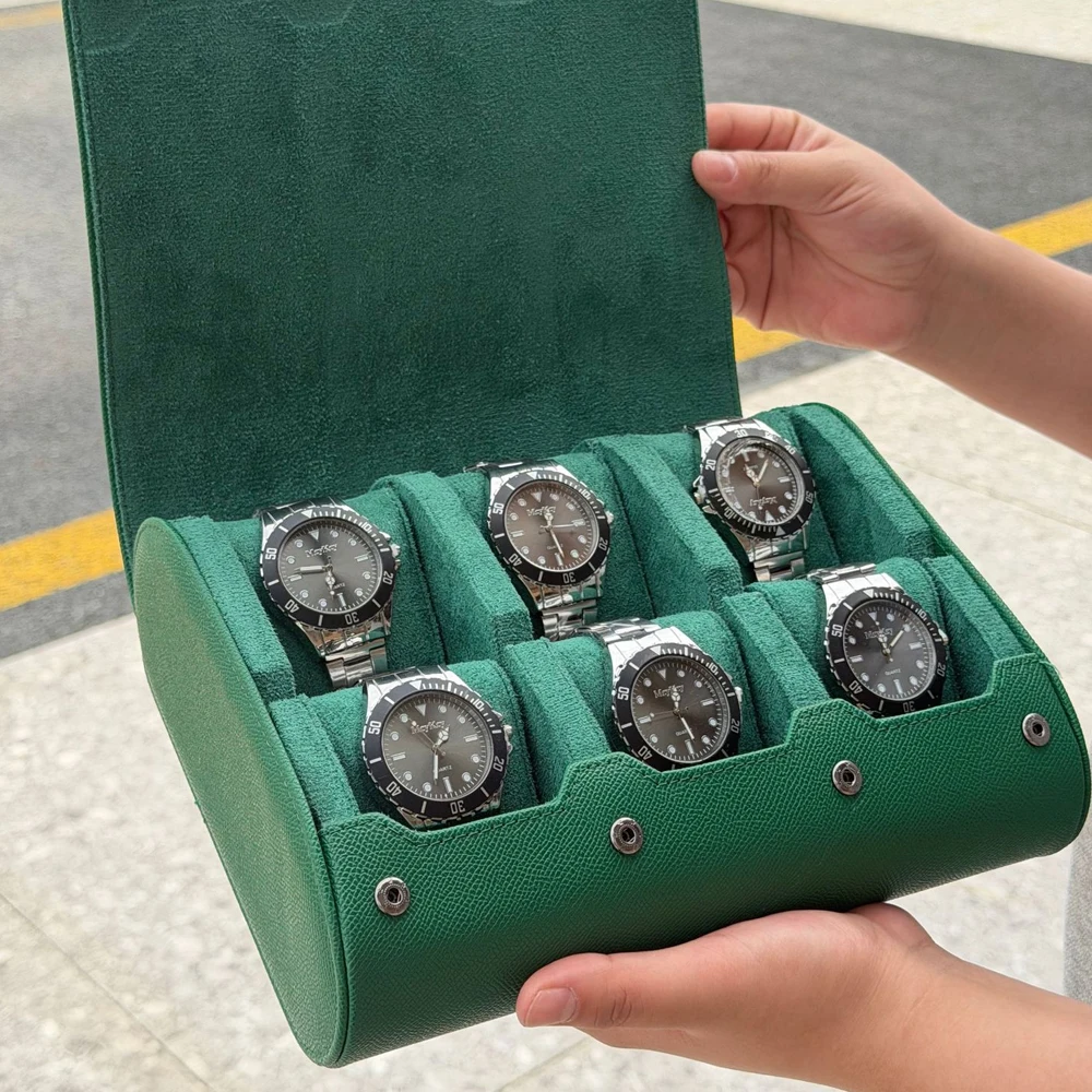 6 Slots Travel Watch Organizer Storage Bag Portable Cross-Grain Leather Watch Box Scratch-Proof Shock-Proof Carrying Case