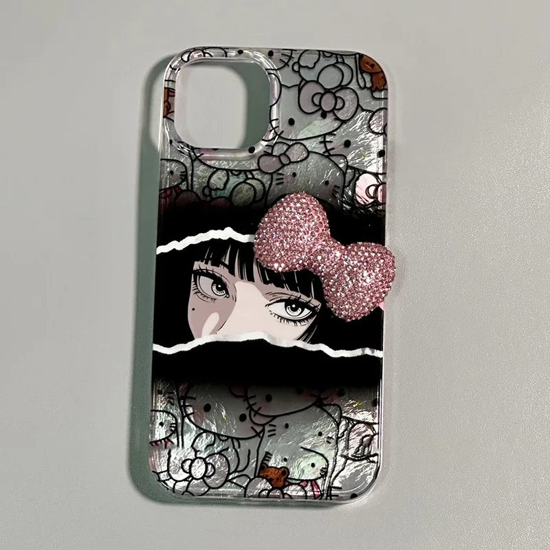 Miniso Hello Kitty Junji Ito Tomie IPhone Case Kawaii Anime Cute 3D Bow IPhone15 14 13 12 Bilayer Anti Drop Cases Toys Girl Gift