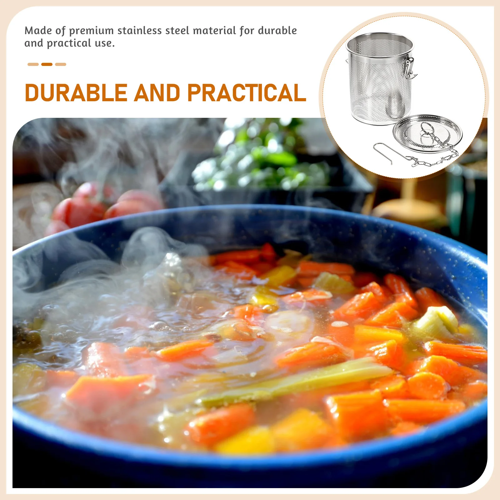 

1pc Stainless Steel Seasoning Soup Basket 14X15 Silver Fine Mesh Strainer Detachable Chain Hook For Tea Soup Braised Pork Brine