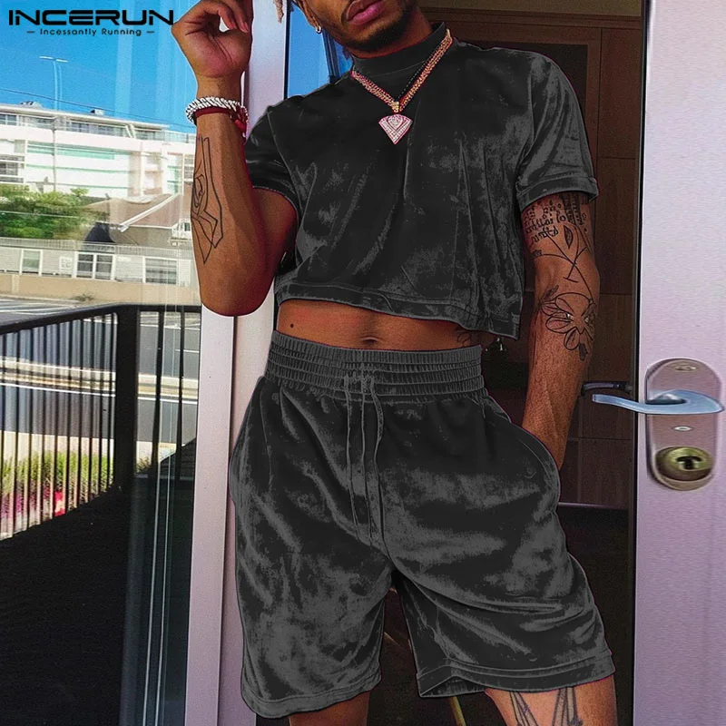 INCERUN Men Sets Solid Color Velour O-neck Short Sleeve Crop Tops & Shorts Two Pieces Sets Streetwear 2024 Fashion Men's Suits