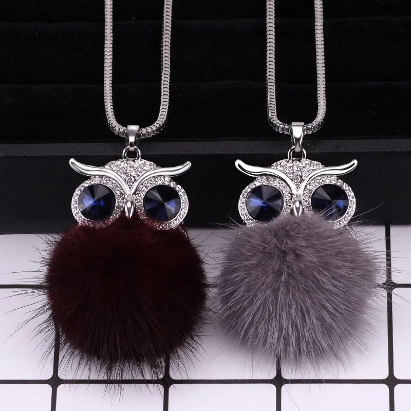 

Fashionable owl sweater chain for autumn and winter, long mink pom-pom necklace for women