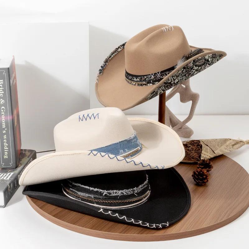 USPOP ربيع الخريف قبعات رعاة البقر الغربية قبعة للنساء الرجال خمر ورأى قبعة واسعة حافة مع ريشة النمط الغربي حفلة فيدورا #2