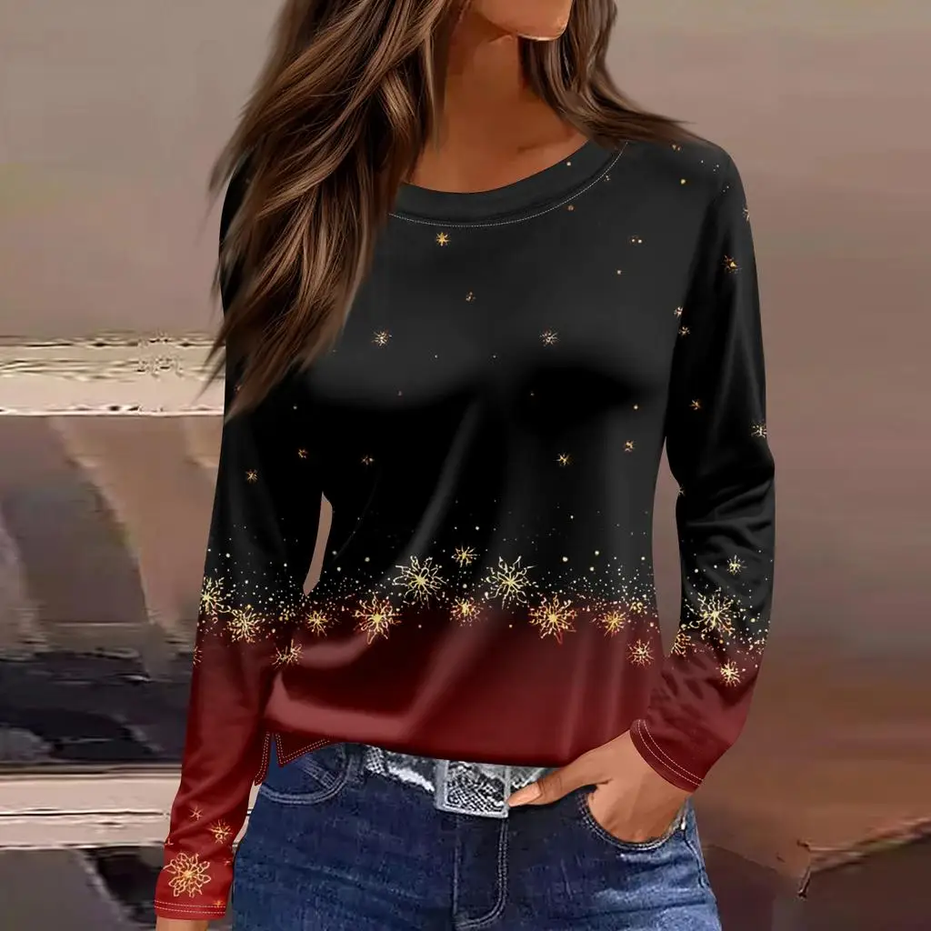 Kerst stijl dames 3D sneeuwvlok print trui ronde hals lange mouwen T-shirt feestelijke kleur casual losse herfst top