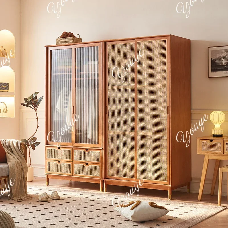 B3 XM Wabi Sandy Wind Solid Wood Double Door Wardrobe Bedroom Storage Locker Household Sliding Door Rattan Wardrobe Simple Small