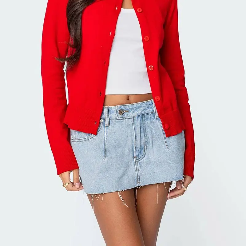 

Combhasaki Women Button Low Waist Solid Color Raw Trim Short Mini Jean Denim Pencil Skirt with Pockets Casual Summer Streetwear