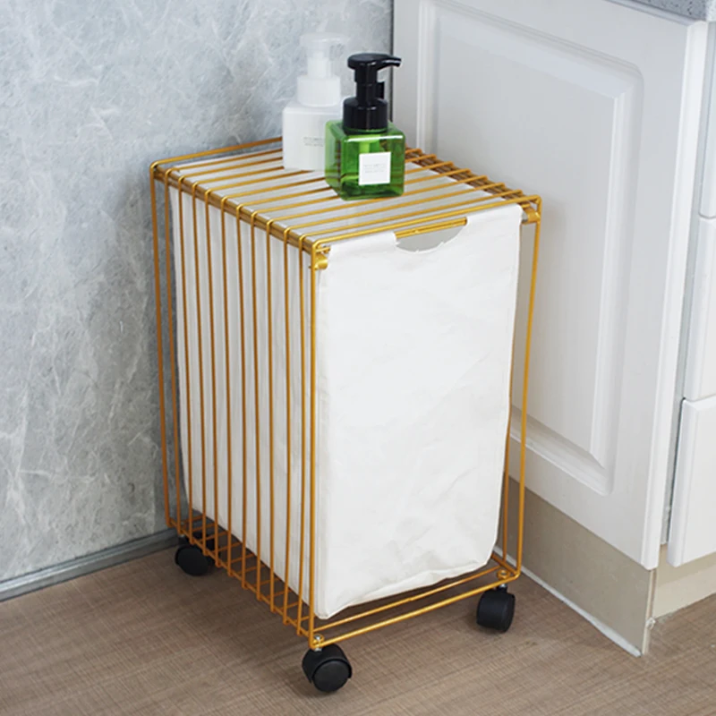 

Nordic Wrought Iron Dirty Clothes Storage Basket Hamper with Wheels Laundry Storage Storage Baskets with Linen Bag 3 Colors