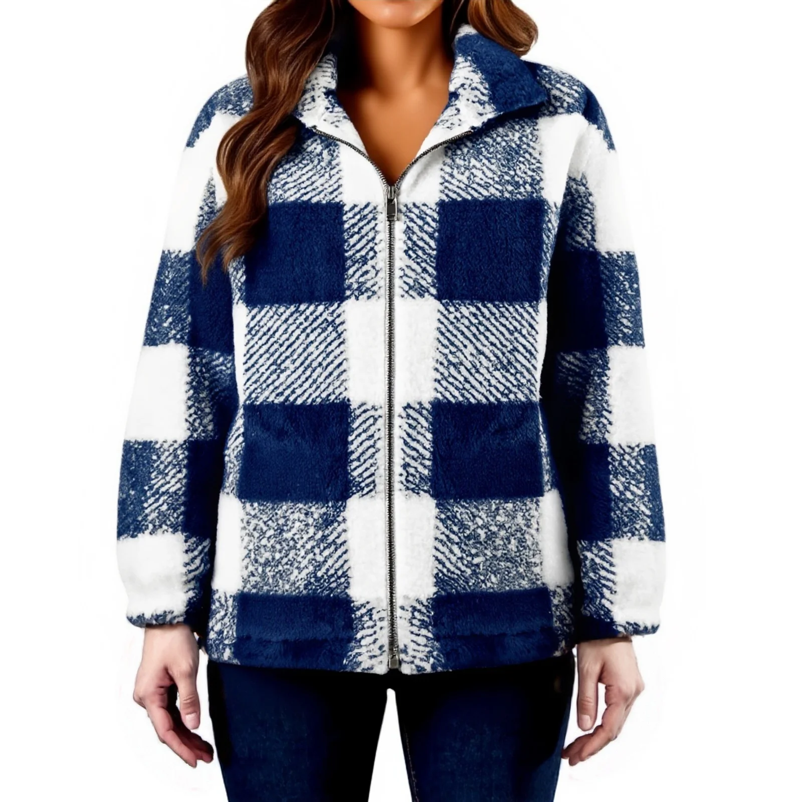 

Модная женская клетчатая повседневная куртка на молнии, плюшевое пальто с карманами, осень-зима, мягкая свободная плюшевая теплая верхняя одежда с длинными рукавами
