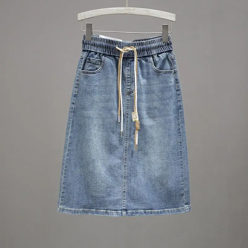 

2025 Korean Fashion Retro Denim Skirts Women High Waist Pockets Split A-line Jeans Skirts Summer Elegant Ladies Clothes