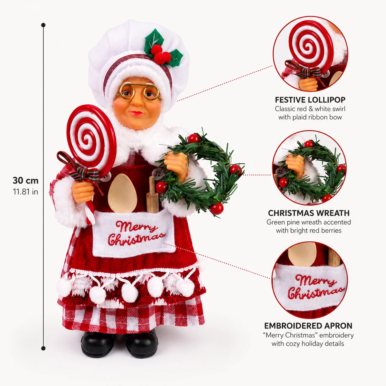 30cm Christmas Chef Santa Claus Figurine with Lollipop Wreath Embroidered Apron Holiday Tabletop Home Decor
