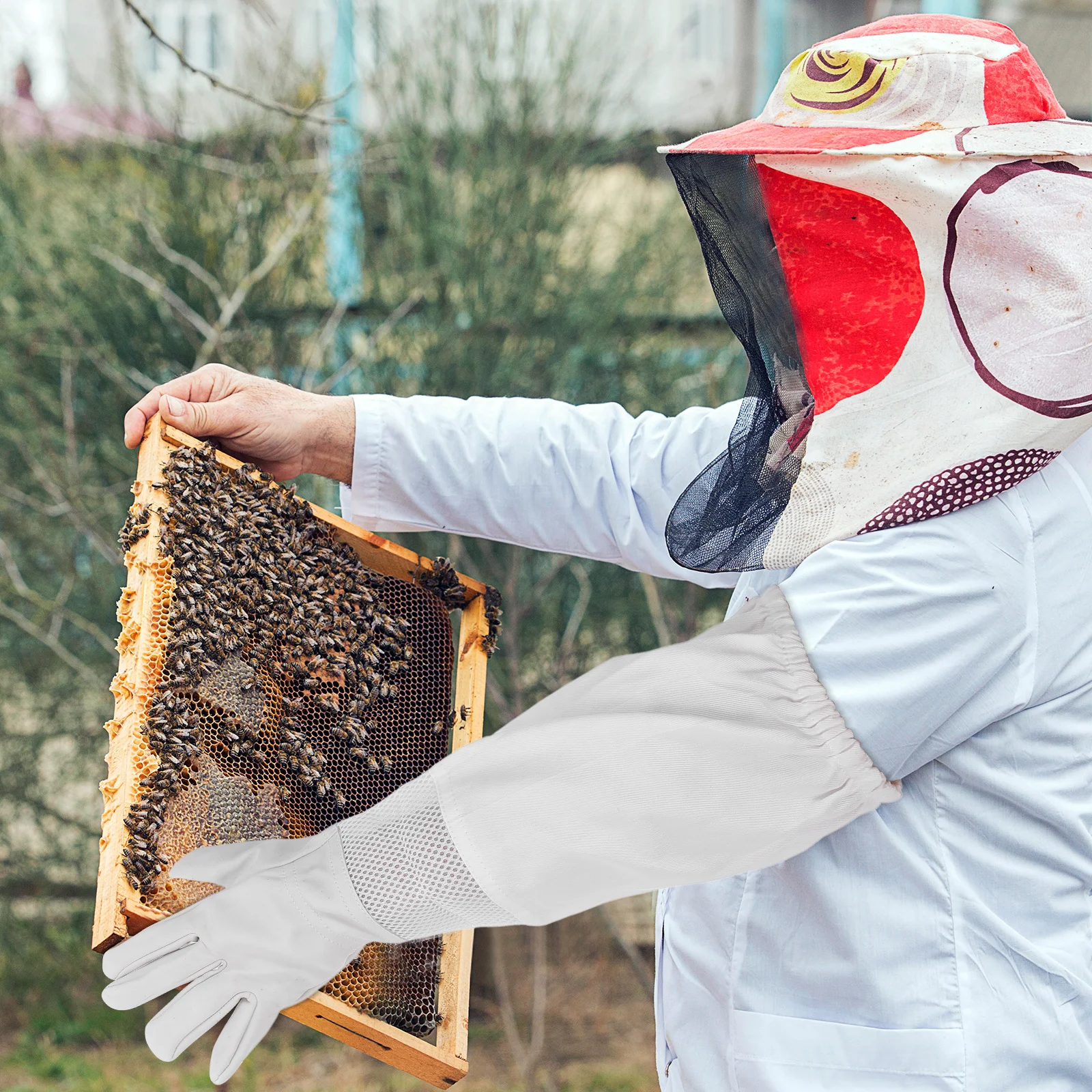 

1 Pair Beekeeping Gloves Goatskin Long Protective Anti- Hand Gear For Beekeepers Xl White Breathable Mesh Elastic