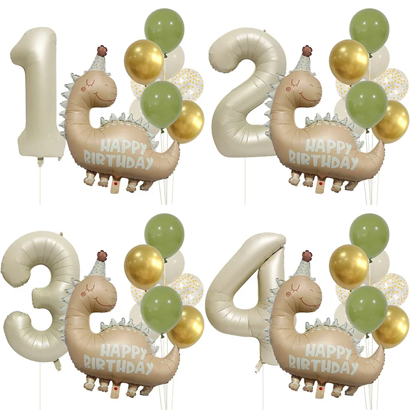 Retro Matte Karamell Farbige Dinosaurier Aluminium Film Anzahl Ballon Set Alles Gute Zum Geburtstag Party Dekoration Kinder Hintergrund Foto Prop