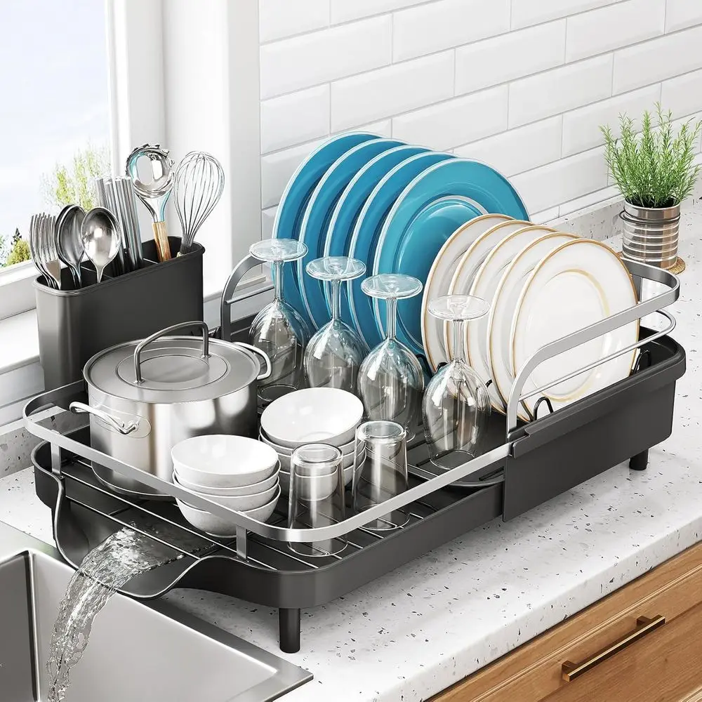 

Expandable Dish Rack, Stainless Steel Dish Drainer with Drainboard Set and Utensil Holder (Black)