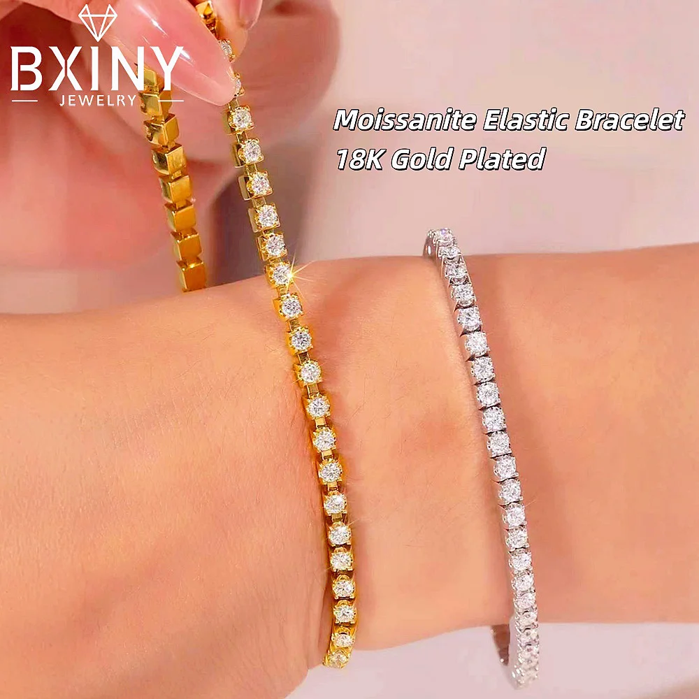 

BXINY 2.5/3mm Moissanite Tennis Bracelets Elastic Bangle Plated 18K Gold for Women Certified Lab Diamond Hand Chain Fine Jewelry