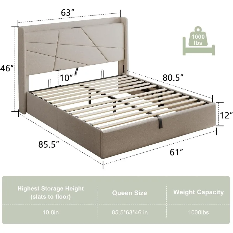 Lift Up Storage Bed Frame with Charging Station, Upholstered Wingback Platform Bed Frame with Hydraulic Storage, Wooden Slat