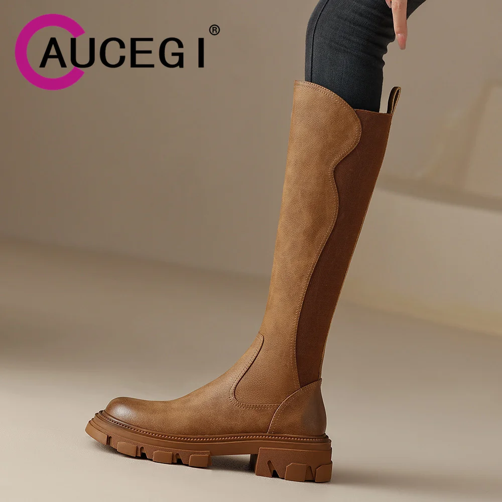 

Aucegi Round Toe Basic Women Knee High Boots Spring Autumn Fashion Concise Party Casual Quality Leather Splicing Thick Heel Shoe