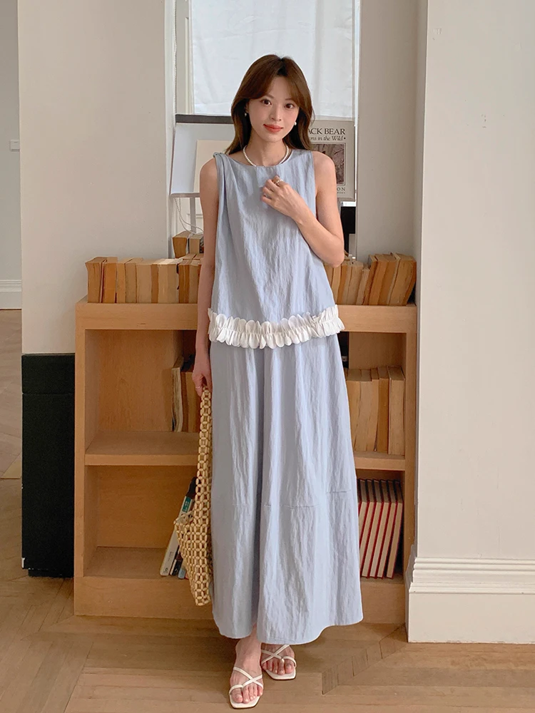 

Clothland Women Sweet Ruffle Blouse Skirt Suit Sleeveless Cute Shirt Elastic Waist Midi Skirts Fashion Two Piece Set TA626