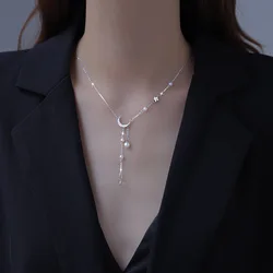 Collar de plata de ley 925 con forma de luna y estrella, cadena de clavícula con borla de perlas, colgante de circón brillante, accesorios de joyería de boda, novedad