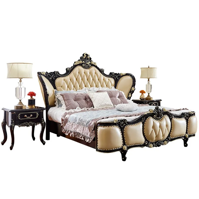 European-style ebony solid wood bed, genuine leather wedding bed