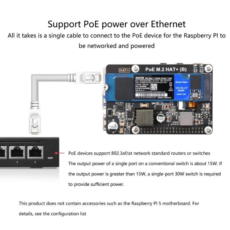 Adapter PCIe na M.2 dla RPi 5 Power over Ethernet dla NVMe 2230/2242/2260/2280