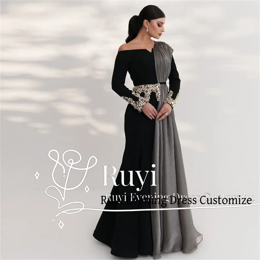 Customized Black Off Shoulder Crystal Evening Dresses Party Dresses Long Sleeve Saudi Arabia Formal Dresses Vestidos De Fiesta