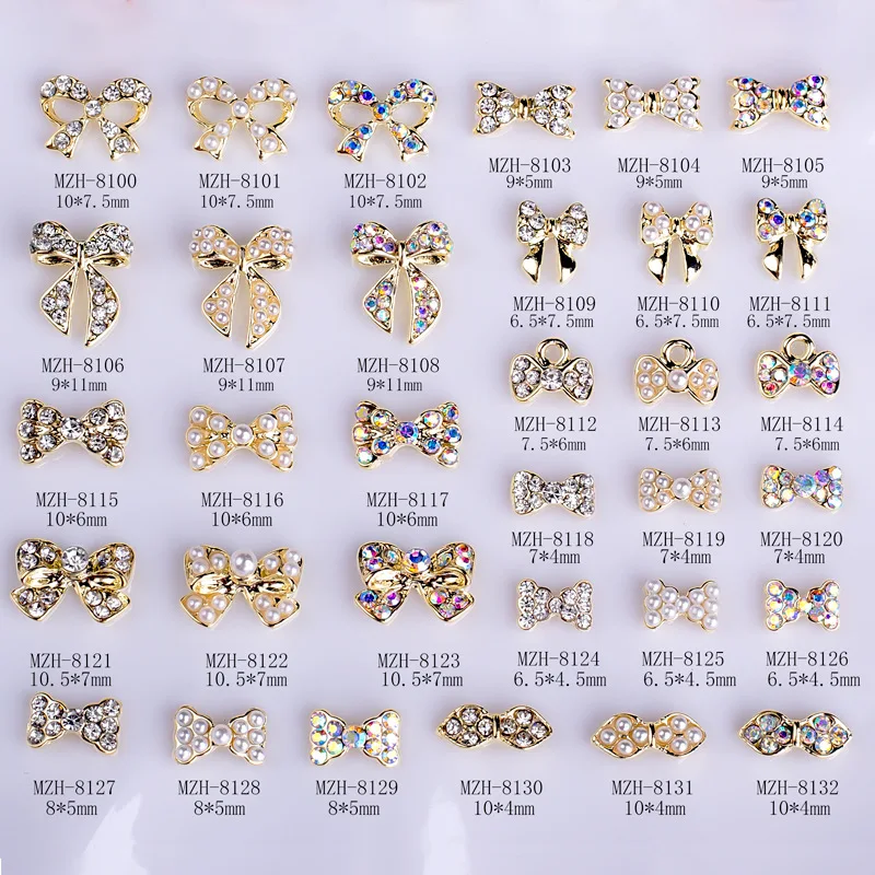 10PCS Alloy Bow Nail Charms Gold Bowknot Crystal Decoration 3D Rhinestone Nail Parts Gem Stones Supplies DIY Manicure Design#10