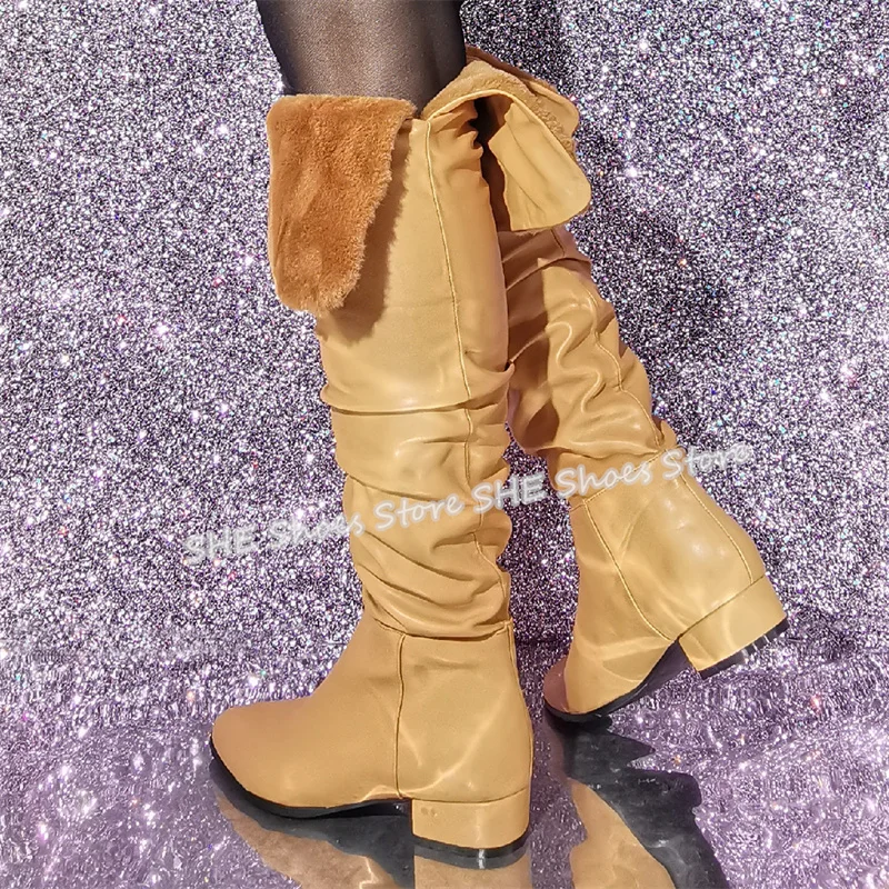 النساء تحولت أكثر من حافة الشتاء الدافئة أحذية طويلة جولة تو صندل بكعب مكتنز حذاء برقبة للركبة السيدات حجم كبير أحذية تأثيري مريحة