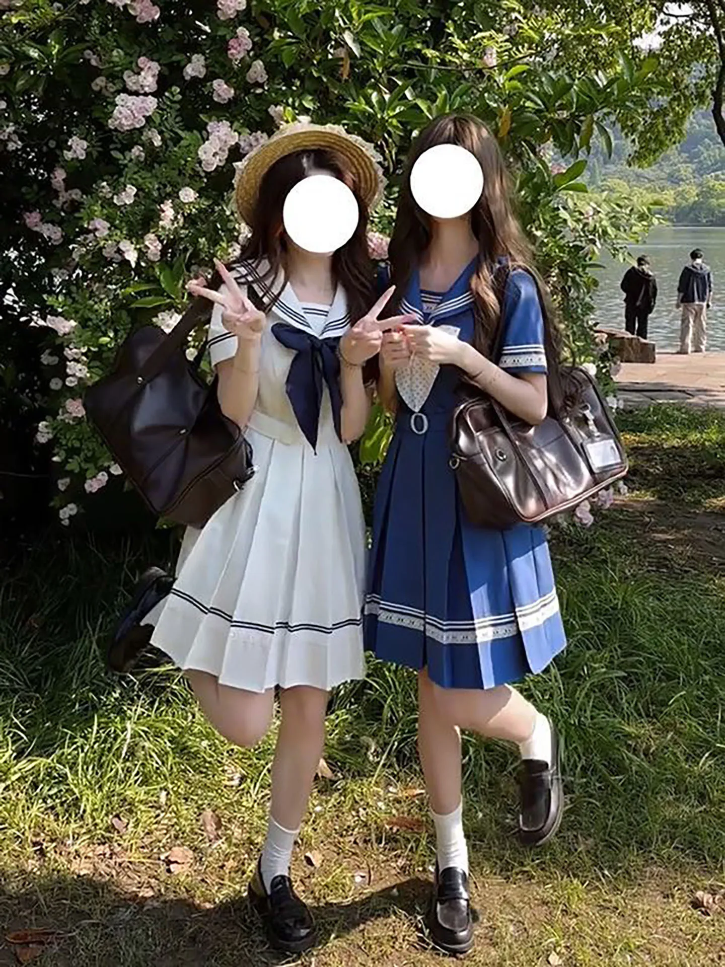 

Summer Navy Collar Pleated High Waist Dress Cute Sweet Waist Cinching White Moon Light Style A-Line Midi Dress for Young Women