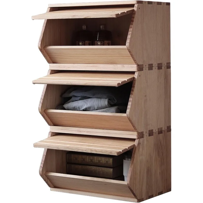 Caja de juguetes de madera modular, contenedores con tapas, organizadores de almacenamiento de armario, cajones, patatas, cebollas, pan, clasificación por artículos, 19,5 pulgadas de ancho (paquete de 3)
