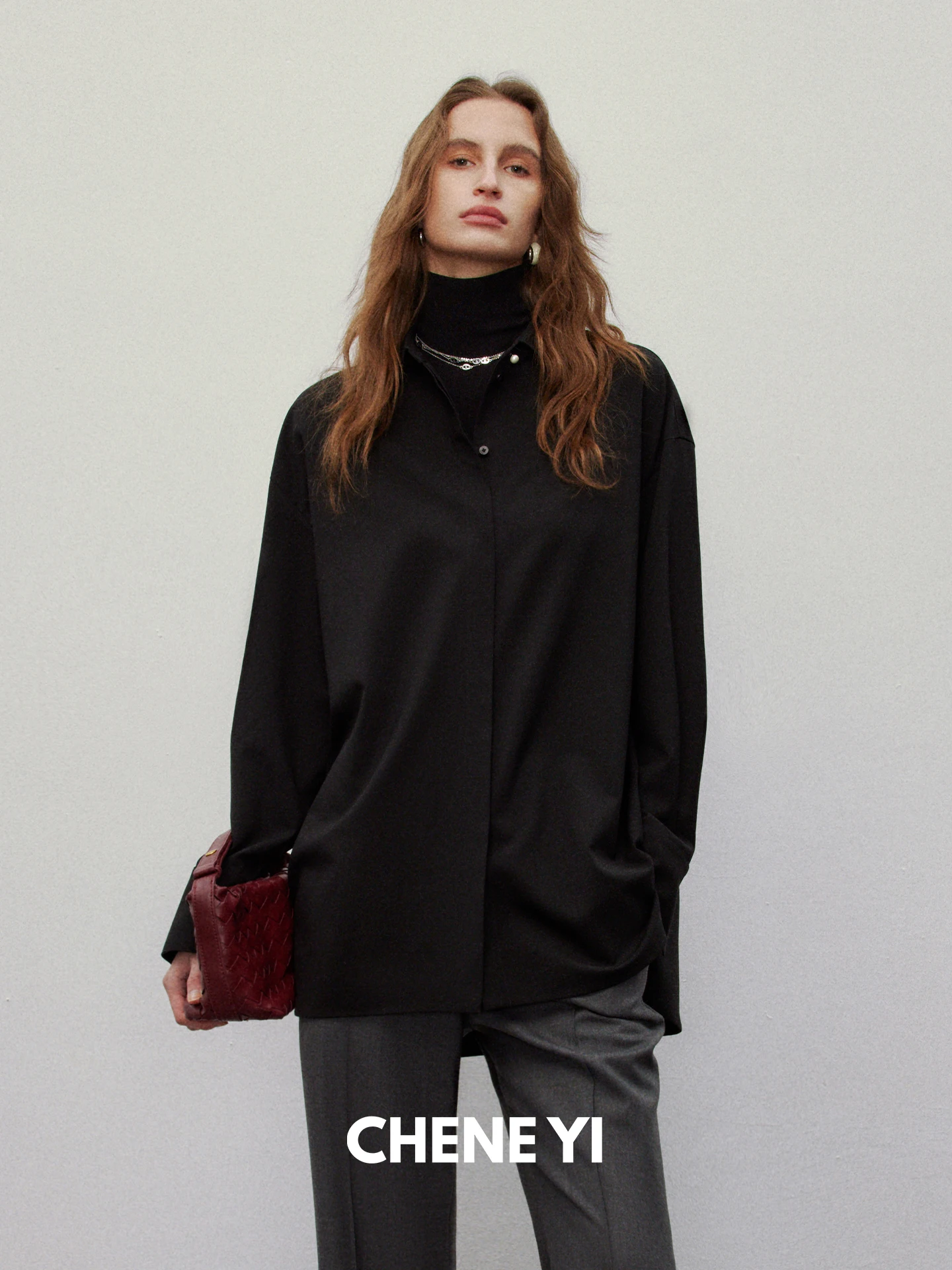 

Женская свободная блузка Ele из шерстяной смеси с жемчужными пуговицами, длинный рукав, цвет CHENE, модная, универсальная, удобная, дышащая