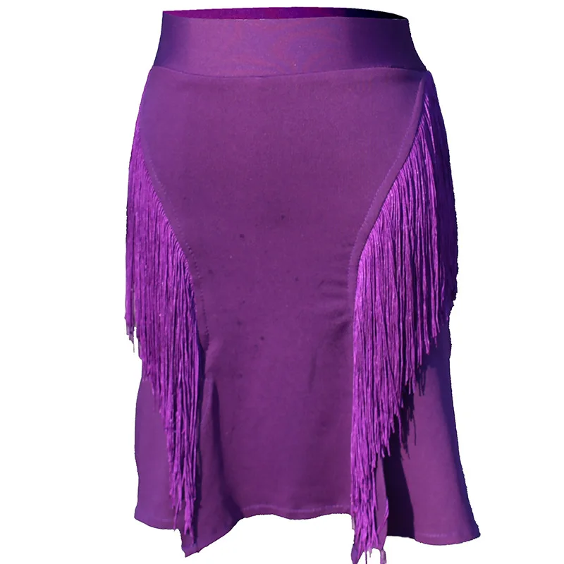 Womens Fringed Latin Dance Skirt Lady Solid Color Split Tassels Skirts Cha-cha Samba Tango Jazz Dance Stage Performance Costume