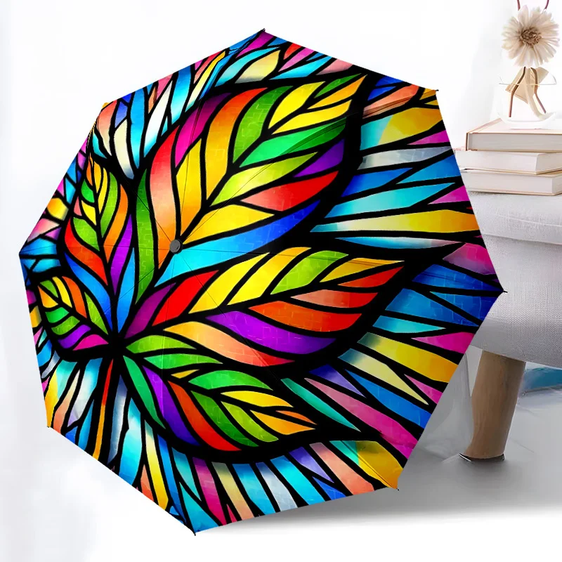 

1pc Stained Glass Mandala Automatic Folding Umbrella with 8-Rib Windproof Design, Portable Foldable Sunshade Umbrella for Hall