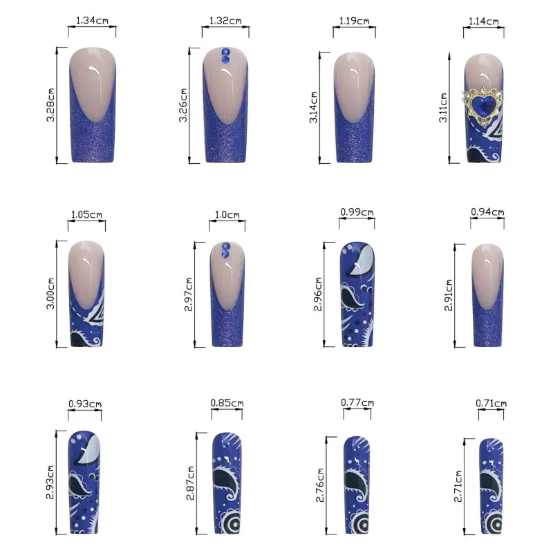 24 buah kuku palsu peti mati panjang desain Perancis berlian imitasi hati biru kuku palsu dapat dipakai Glitter Tekan pada kuku seni ekstra panjang