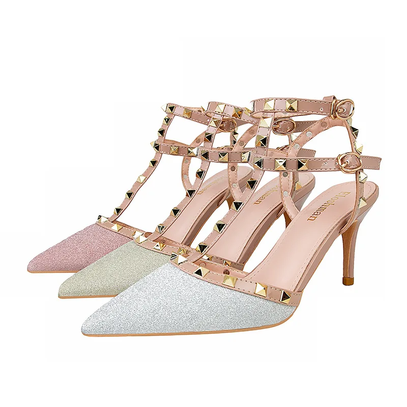 Women\'s Shoes Fashion Sexy High Heels Women Shoes Rivet Stiletto High Heel Sequined Hollow Pump Sandals Women